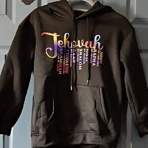 Jehovah Script Pullover Hoodie - Brown with Rainbow Text